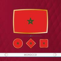 Set of Morocco flags with gold frame for use at sporting events on a burgundy abstract background. vector