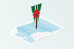 Isometric paper map of Dominica with triangular flag of Dominica in isometric style. Map on topographic background. vector
