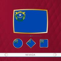 Set of Nevada flags with gold frame for use at sporting events on a burgundy abstract background. vector