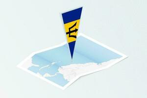 Isometric paper map of Barbados with triangular flag of Barbados in isometric style. Map on topographic background. vector