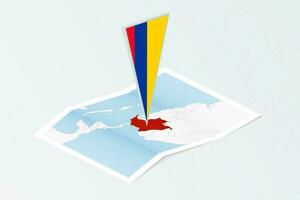 Isometric paper map of Colombia with triangular flag of Colombia in isometric style. Map on topographic background. vector