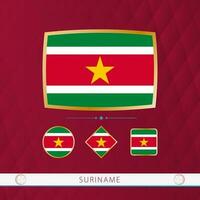 Set of Suriname flags with gold frame for use at sporting events on a burgundy abstract background. vector