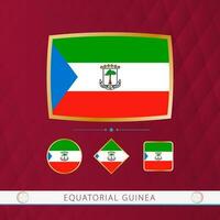 Set of Equatorial Guinea flags with gold frame for use at sporting events on a burgundy abstract background. vector