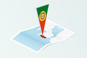 Isometric paper map of Portugal with triangular flag of Portugal in isometric style. Map on topographic background. vector