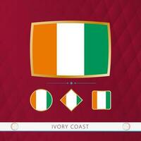 Set of Ivory Coast flags with gold frame for use at sporting events on a burgundy abstract background. vector