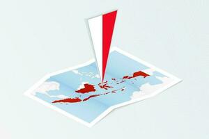 Isometric paper map of Indonesia with triangular flag of Indonesia in isometric style. Map on topographic background. vector