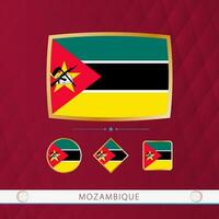 Set of Mozambique flags with gold frame for use at sporting events on a burgundy abstract background. vector