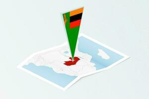 Isometric paper map of Zambia with triangular flag of Zambia in isometric style. Map on topographic background. vector