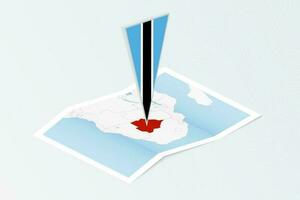 Isometric paper map of Botswana with triangular flag of Botswana in isometric style. Map on topographic background. vector