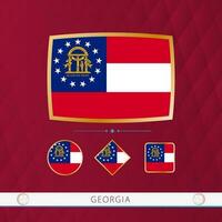 Set of Georgia flags with gold frame for use at sporting events on a burgundy abstract background. vector