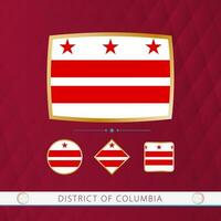 Set of District of Columbia flags with gold frame for use at sporting events on a burgundy abstract background. vector