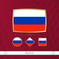 Set of Russia flags with gold frame for use at sporting events on a burgundy abstract background. vector