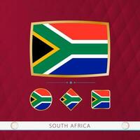 Set of South Africa flags with gold frame for use at sporting events on a burgundy abstract background. vector