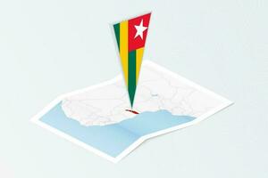 Isometric paper map of Togo with triangular flag of Togo in isometric style. Map on topographic background. vector