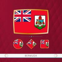 Set of Bermuda flags with gold frame for use at sporting events on a burgundy abstract background. vector