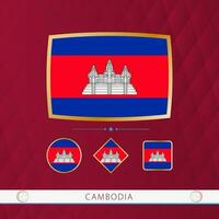 Set of Cambodia flags with gold frame for use at sporting events on a burgundy abstract background. vector