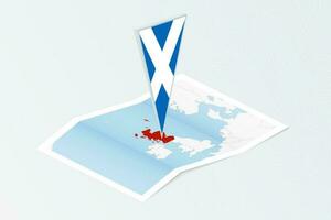 Isometric paper map of Scotland with triangular flag of Scotland in isometric style. Map on topographic background. vector