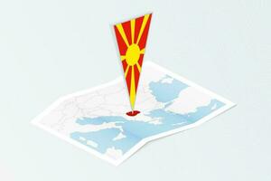 isométrica papel mapa de macedonia con triangular bandera de macedonia en isométrica estilo. mapa en topográfico antecedentes. vector