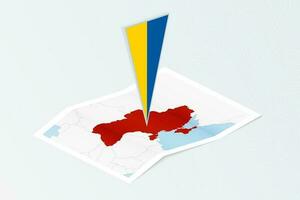 Isometric paper map of Ukraine with triangular flag of Ukraine in isometric style. Map on topographic background. vector