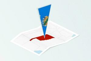 Isometric paper map of Oklahoma with triangular flag of Oklahoma in isometric style. Map on topographic background. vector