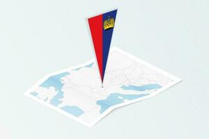 isométrica papel mapa de Liechtenstein con triangular bandera de Liechtenstein en isométrica estilo. mapa en topográfico antecedentes. vector