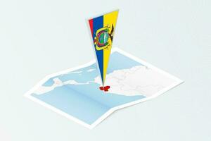 Isometric paper map of Ecuador with triangular flag of Ecuador in isometric style. Map on topographic background. vector