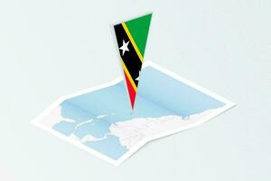 Isometric paper map of Saint Kitts and Nevis with triangular flag of Saint Kitts and Nevis in isometric style. Map on topographic background. vector