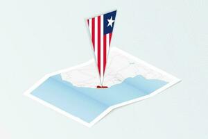 Isometric paper map of Liberia with triangular flag of Liberia in isometric style. Map on topographic background. vector