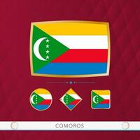 Set of Comoros flags with gold frame for use at sporting events on a burgundy abstract background. vector