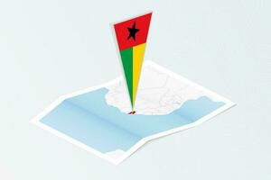 Isometric paper map of Guinea-Bissau with triangular flag of Guinea-Bissau in isometric style. Map on topographic background. vector