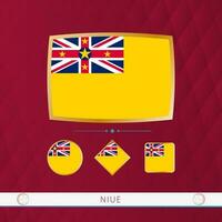 Set of Niue flags with gold frame for use at sporting events on a burgundy abstract background. vector