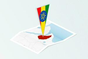 Isometric paper map of Ethiopia with triangular flag of Ethiopia in isometric style. Map on topographic background. vector