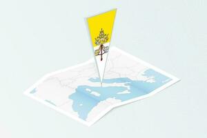 Isometric paper map of Vatican City with triangular flag of Vatican City in isometric style. Map on topographic background. vector