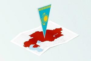 Isometric paper map of Kazakhstan with triangular flag of Kazakhstan in isometric style. Map on topographic background. vector