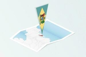 Isometric paper map of Delaware with triangular flag of Delaware in isometric style. Map on topographic background. vector