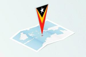 Isometric paper map of East Timor with triangular flag of East Timor in isometric style. Map on topographic background. vector