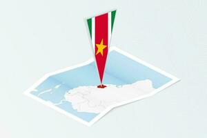 Isometric paper map of Suriname with triangular flag of Suriname in isometric style. Map on topographic background. vector