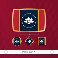 Set of Mississippi flags with gold frame for use at sporting events on a burgundy abstract background. vector