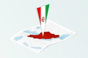 Isometric paper map of Iran with triangular flag of Iran in isometric style. Map on topographic background. vector