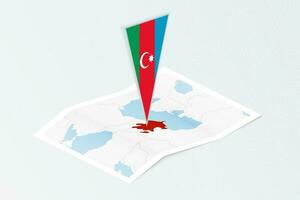 Isometric paper map of Azerbaijan with triangular flag of Azerbaijan in isometric style. Map on topographic background. vector