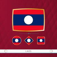 Set of Laos flags with gold frame for use at sporting events on a burgundy abstract background. vector