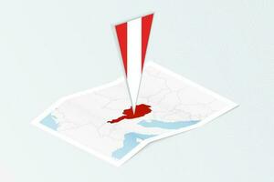 Isometric paper map of Austria with triangular flag of Austria in isometric style. Map on topographic background. vector