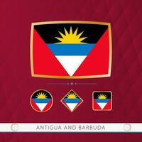 Set of Antigua and Barbuda flags with gold frame for use at sporting events on a burgundy abstract background. vector