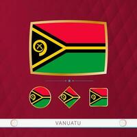 Set of Vanuatu flags with gold frame for use at sporting events on a burgundy abstract background. vector