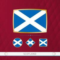 Set of Scotland flags with gold frame for use at sporting events on a burgundy abstract background. vector