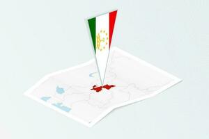 Isometric paper map of Tajikistan with triangular flag of Tajikistan in isometric style. Map on topographic background. vector