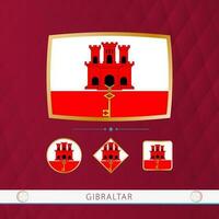 Set of Gibraltar flags with gold frame for use at sporting events on a burgundy abstract background. vector