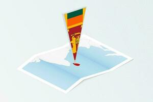 Isometric paper map of Sri Lanka with triangular flag of Sri Lanka in isometric style. Map on topographic background. vector