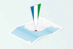 Isometric paper map of Sierra Leone with triangular flag of Sierra Leone in isometric style. Map on topographic background. vector