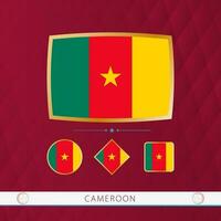 Set of Cameroon flags with gold frame for use at sporting events on a burgundy abstract background. vector